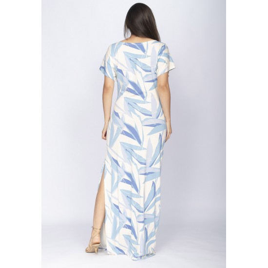 Vestido Longo Malha Fenda na Lateral Estampa Selvagem Blue