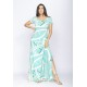 Vestido Longo Malha Gola Canoa Manga Curta Estampa Aqua Flora