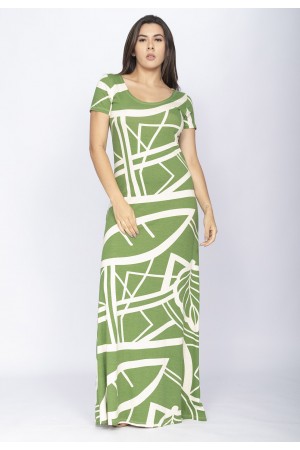 Vestido Longo Malha Gola Canoa Manga Curta Estampa Lagoa Botânica Verde