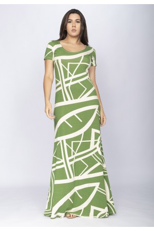 Vestido Longo Malha Gola Canoa Manga Curta Estampa Lagoa Botânica Verde