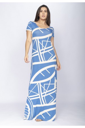 Vestido Longo Malha Gola Canoa Manga Curta Estampa Lagoa Botânica