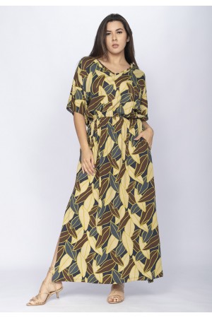 Vestido Longo Plus Malha Estampa Folhas de Outono