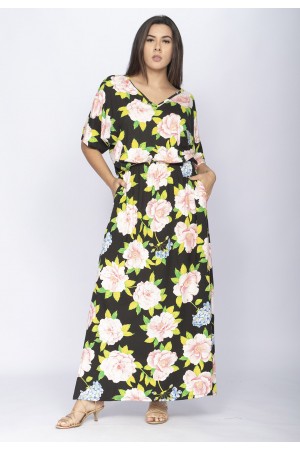 Vestido Longo Plus Malha Estampa Rosas da Meia-Noite