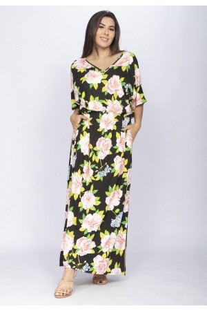 Vestido Longo Plus Malha Estampa Rosas da Meia-Noite