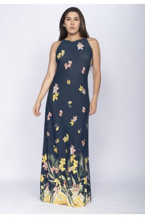 Vestido Longo Malha Trapézio Floresce Azul