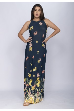 Vestido Longo Malha Trapézio Floresce Azul