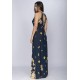 Vestido Longo Malha Trapézio Floresce Azul