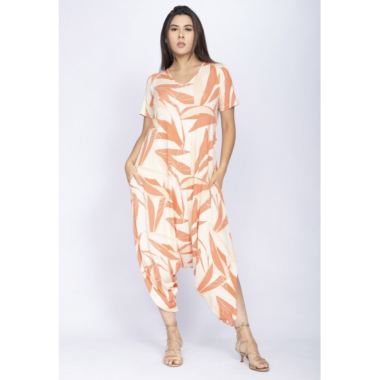 Macacão Saruel Malha Pantacourt Grumari com Manga Estampa Verde Selvagem Laranja