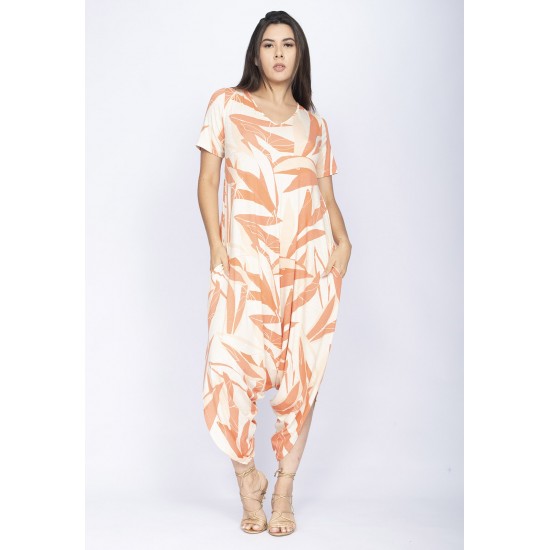 Macacão Saruel Malha Pantacourt Grumari com Manga Estampa Verde Selvagem Laranja