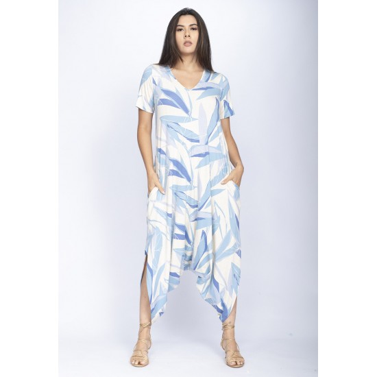 Macacão Saruel Malha Pantacourt Grumari com Manga Estampa Verde Selvagem Blue