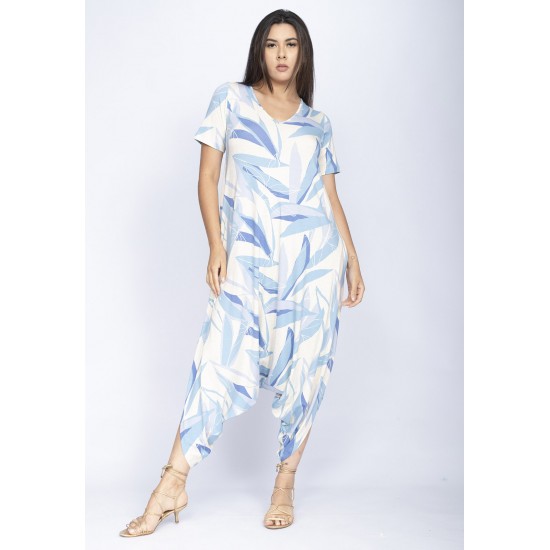 Macacão Saruel Malha Pantacourt Grumari com Manga Estampa Verde Selvagem Blue