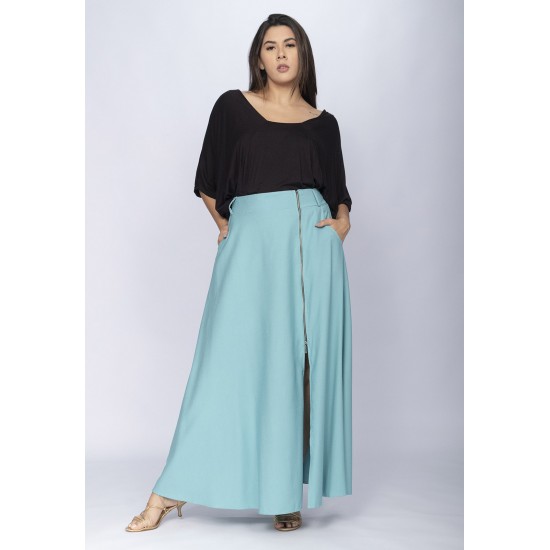 Saia Midi com Zíper Turquesa Suave