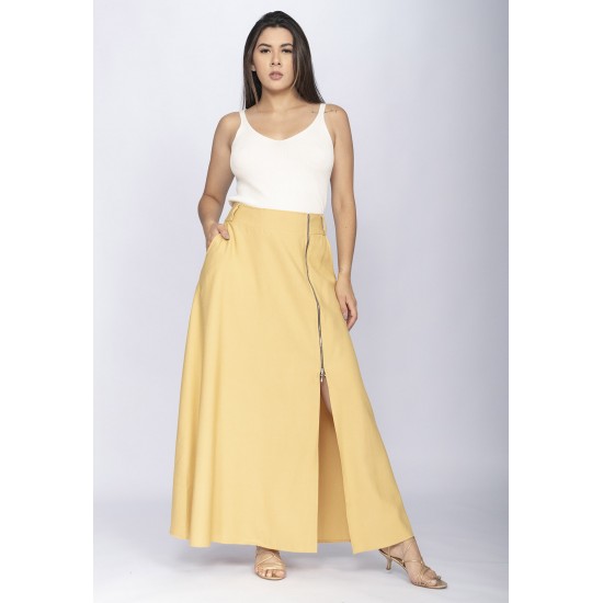 Saia Midi com Zíper Amarelo Dijon