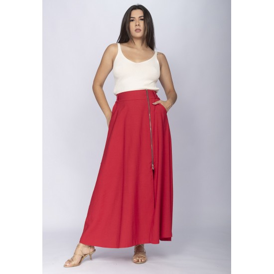 Saia Midi com Zíper Vermelho Vivo