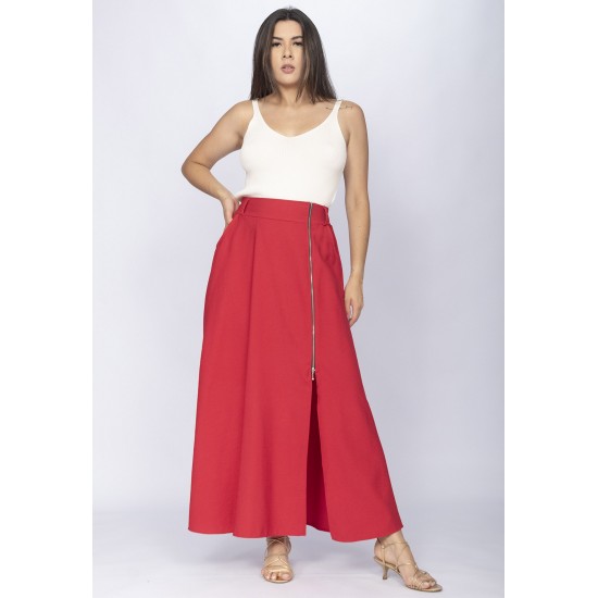Saia Midi com Zíper Vermelho Vivo
