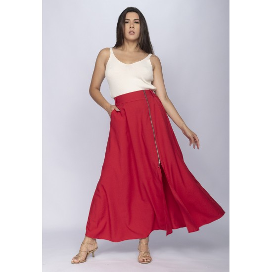 Saia Midi com Zíper Vermelho Vivo