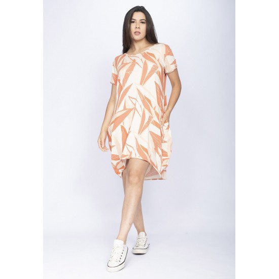 Vestido Curto Malha Amplo Always Estampa Verde Selvagem Laranja