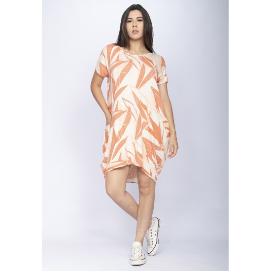 Vestido Curto Malha Amplo Always Estampa Verde Selvagem Laranja