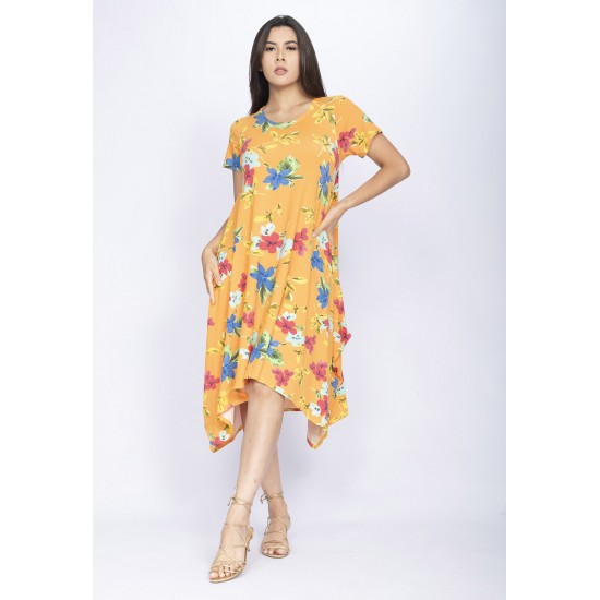 Vestido Saruel Manga Curta Malha Estampa Laranja Floral