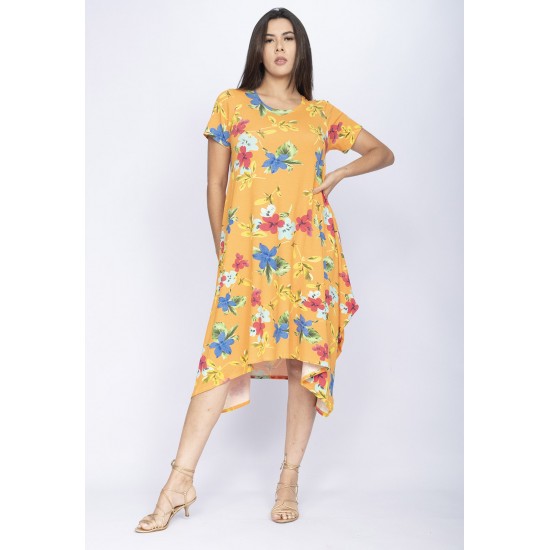 Vestido Saruel Manga Curta Malha Estampa Laranja Floral