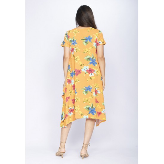 Vestido Saruel Manga Curta Malha Estampa Laranja Floral