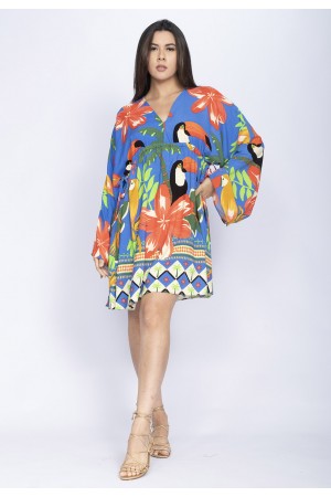 Vestido Curto Manga Ampla Estampa Tucanê