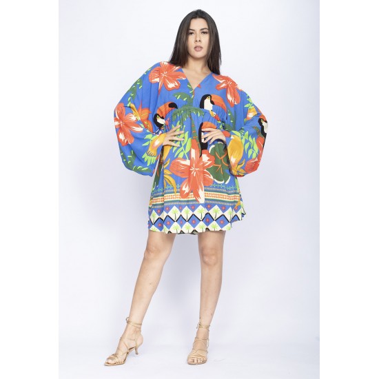 Vestido Curto Manga Ampla Estampa Tucanê