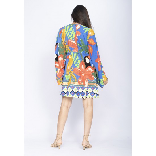 Vestido Curto Manga Ampla Estampa Tucanê