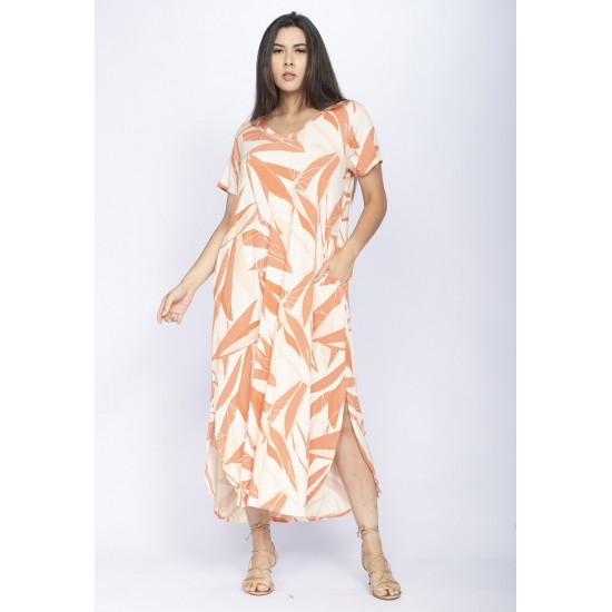 Vestido Midi Abapã Malha com Bolso Estampa Verde Selvagem Laranja