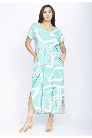 Vestido Midi Abapã Malha com Bolso Estampa Aqua Flora