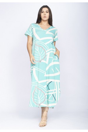 Vestido Midi Abapã Malha com Bolso Estampa Aqua Flora
