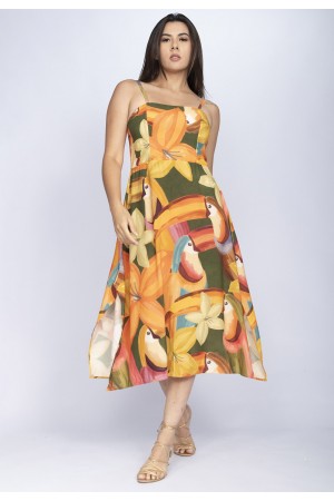 Vestido Midi Alça Fina Estampa Flowers & Tucanos