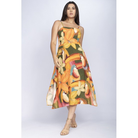 Vestido Midi Amazó Alça Fina Estampa Flowers & Tucanos