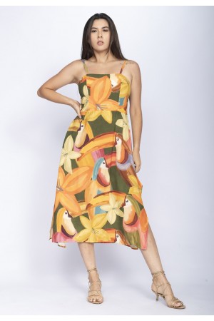 Vestido Midi Alça Fina Estampa Flowers & Tucanos