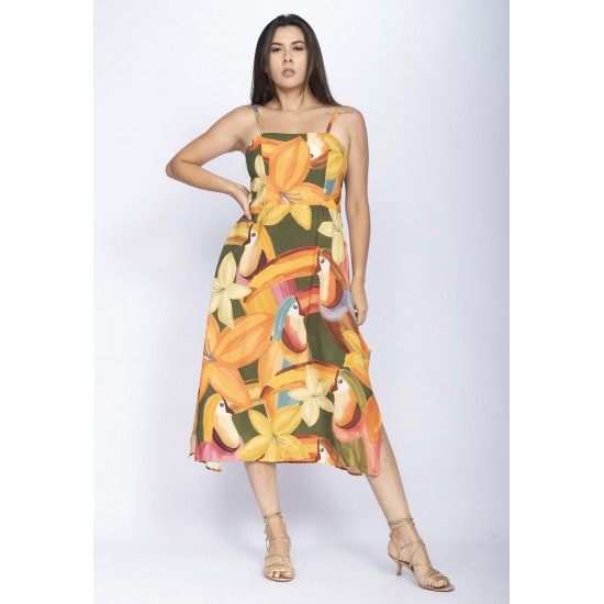 Vestido Midi Amazó Alça Fina Estampa Flowers & Tucanos