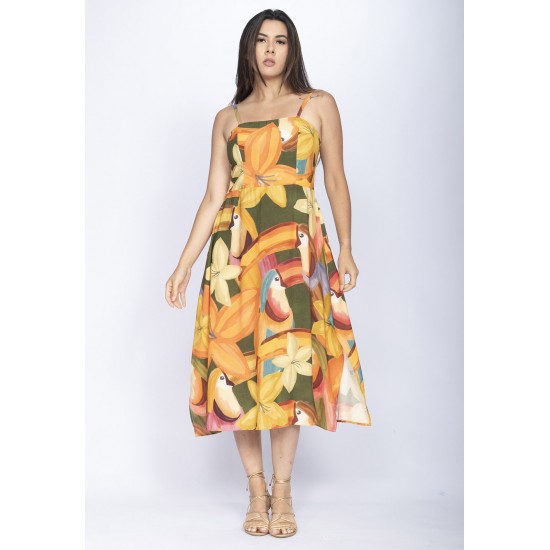 Vestido Midi Amazó Alça Fina Estampa Flowers & Tucanos