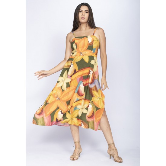 Vestido Midi Amazó Alça Fina Estampa Flowers & Tucanos