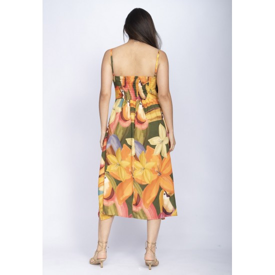 Vestido Midi Amazó Alça Fina Estampa Flowers & Tucanos