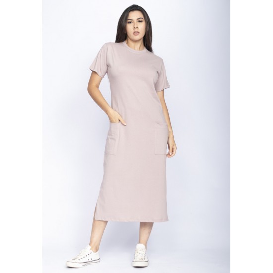 Vestido Midi Easy Algodão Manga Curta Rosa Malva