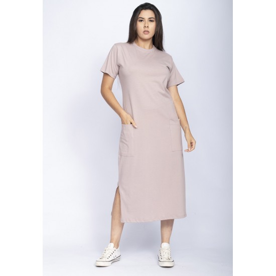 Vestido Midi Easy Algodão Manga Curta Rosa Malva