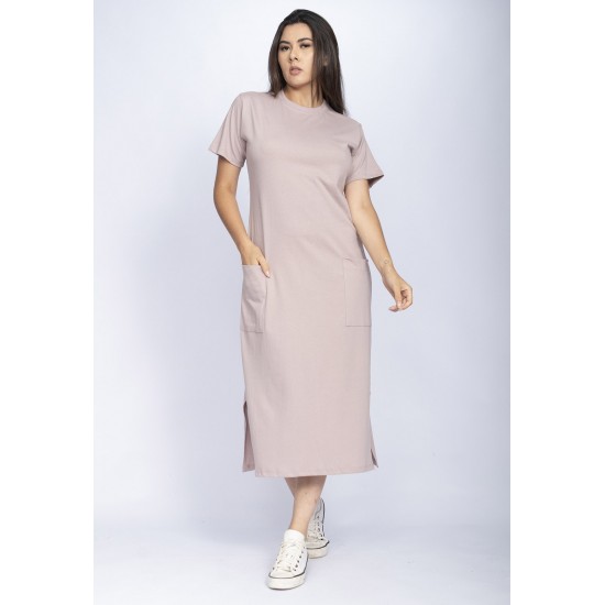 Vestido Midi Easy Algodão Manga Curta Rosa Malva