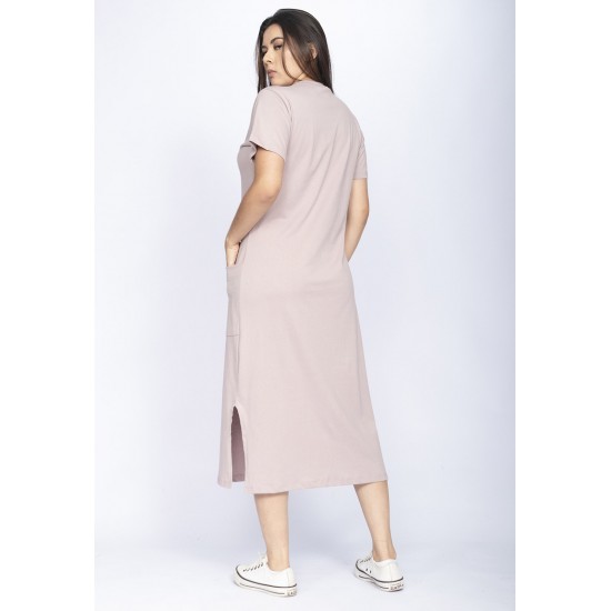 Vestido Midi Easy Algodão Manga Curta Rosa Malva