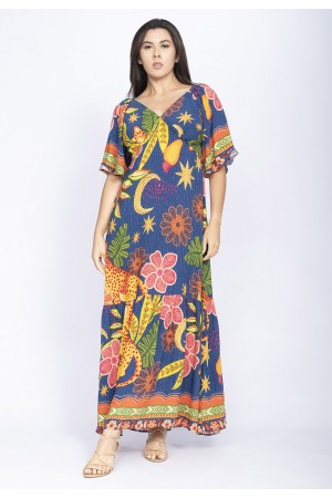 Vestido Longo Babado Gola V Estampado Jaguá