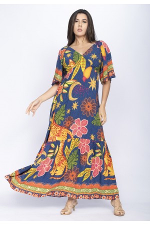 Vestido Longo Babado Gola V Estampado Jaguá