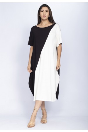Vestido Midi Malha Amplo Bicolor Preto e Branco