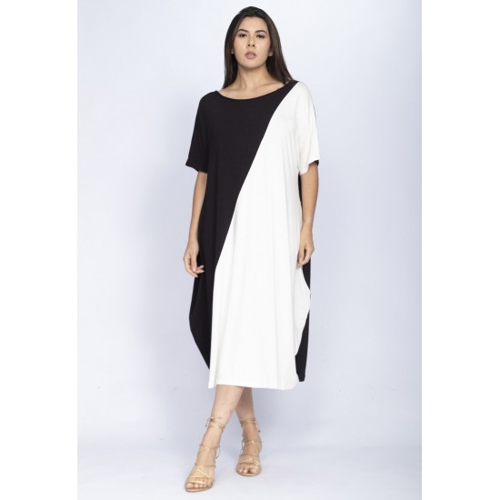 Vestido Midi Malha Amplo Bicolor Preto e Branco