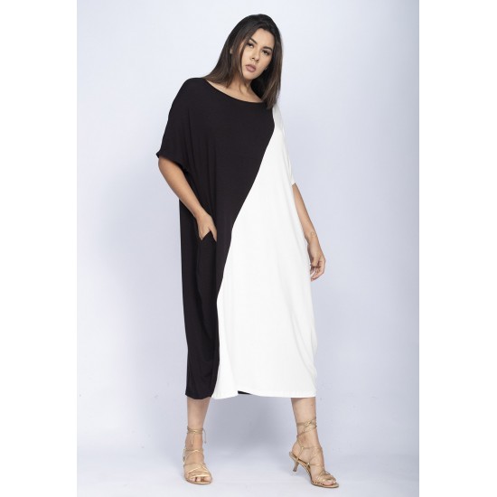 Vestido Midi Malha Amplo Bicolor Preto e Branco