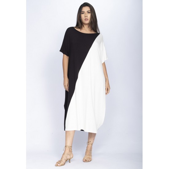 Vestido Midi Malha Amplo Bicolor Preto e Branco