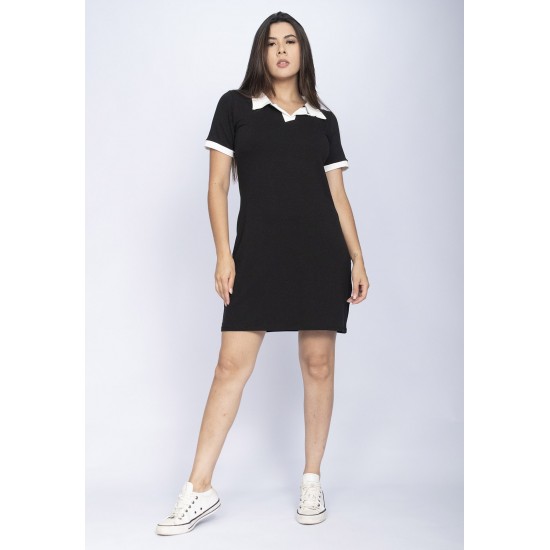 Vestido Curto Com Manga Polo Preto