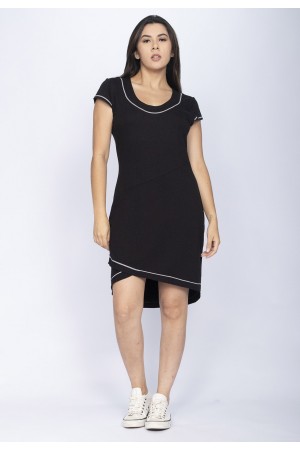 Vestido Mullet Malha Transpassado com Detalhe Branco Preto